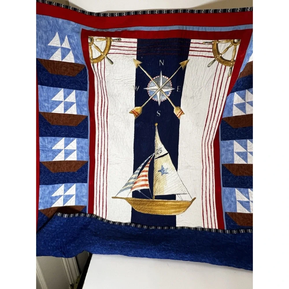 Nautical Sailboat Quilt Ocean‎ Theme Throw Bed Wall Decor Coastal